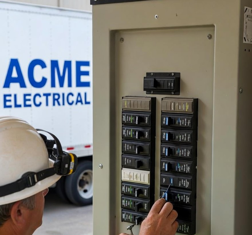 Electrician working at an open electrical panel
